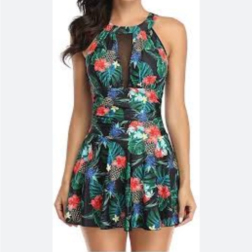 Floral One Piece Mesh Shirred Waistline Pleated Hem Swimsuit Skirt size XXL